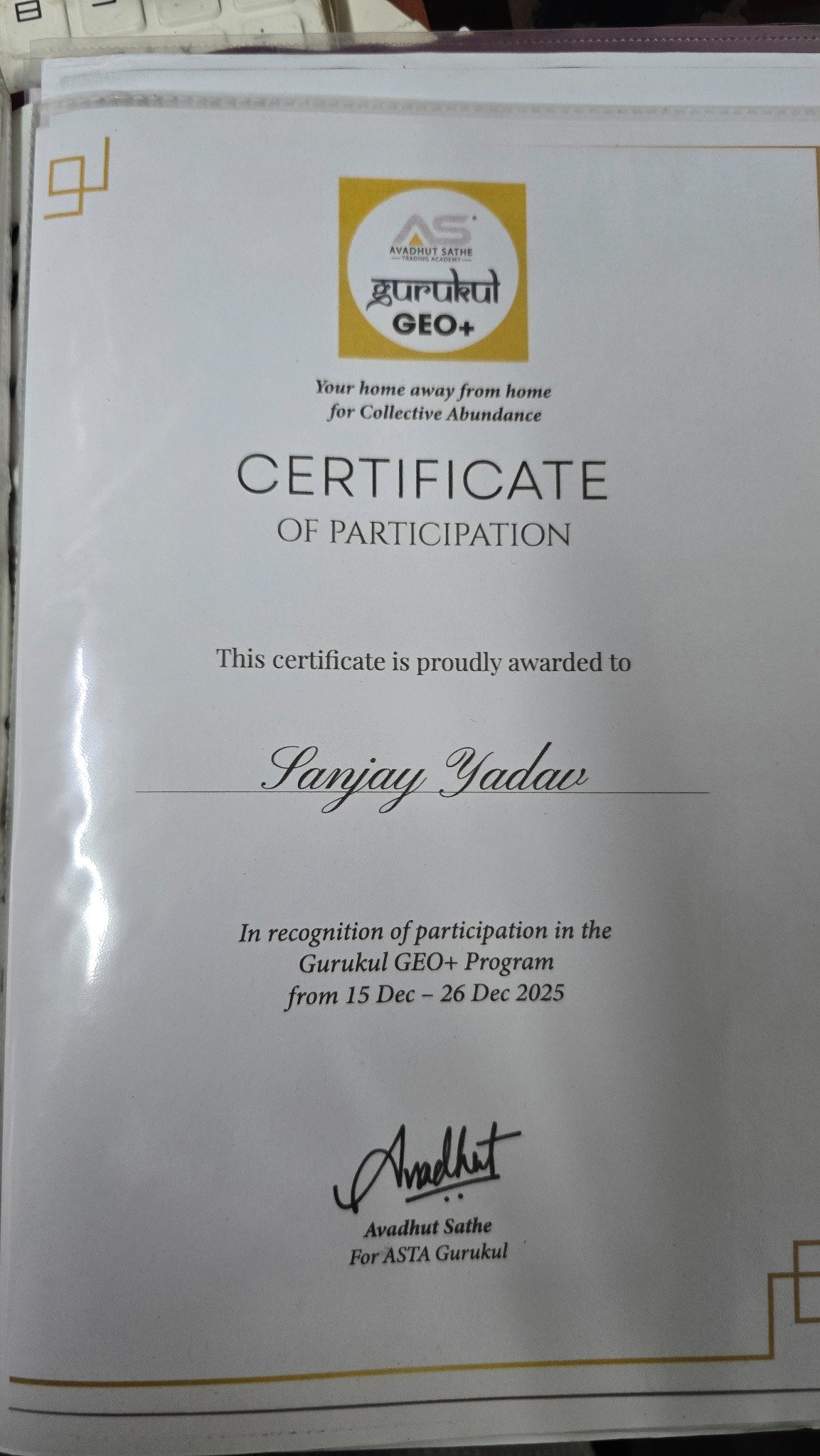 Certificate of participation in Gurukul GEO+ Program