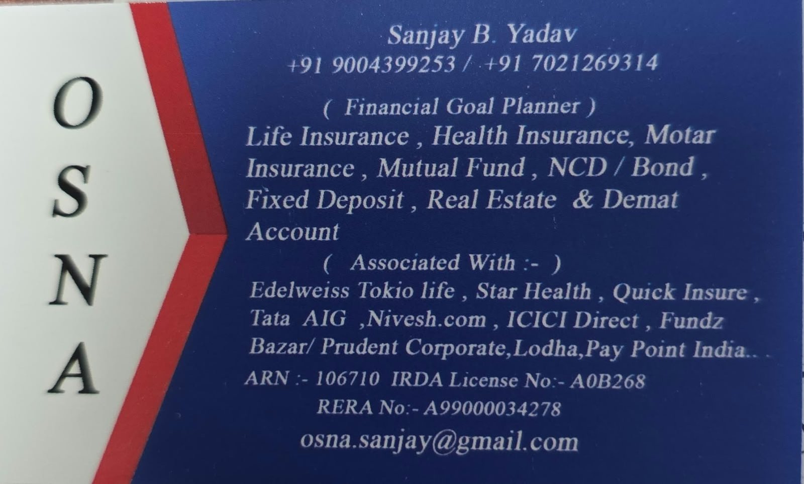 Sanjay B. Yadav business card and financial services information